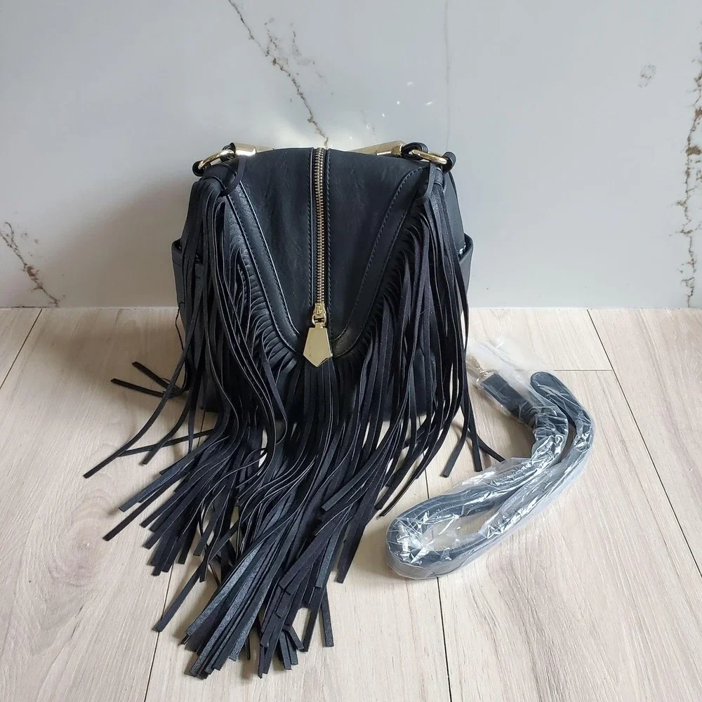 Crossbody Bag Womens Medium Black Faux Leather Fringe Boho Zip Shoulder Purse